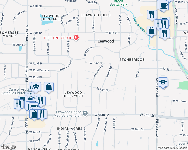 map of restaurants, bars, coffee shops, grocery stores, and more near 9214 Belinder Road in Leawood