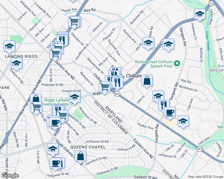 map of restaurants, bars, coffee shops, grocery stores, and more near Riggs Rd & Chillum Rd in Chillum