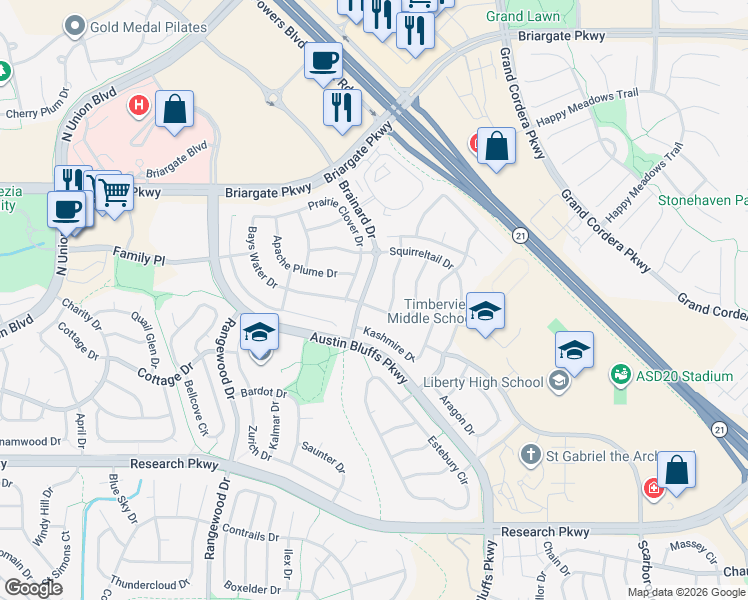 map of restaurants, bars, coffee shops, grocery stores, and more near 4420 Bays Water Drive in Colorado Springs
