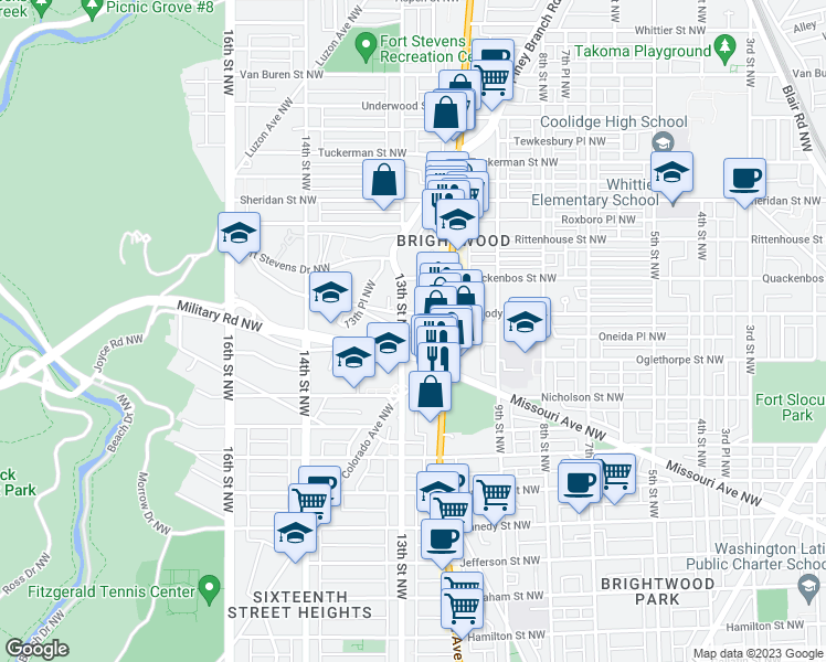 map of restaurants, bars, coffee shops, grocery stores, and more near 1237 Rock Creek Ford Road Northwest in Washington