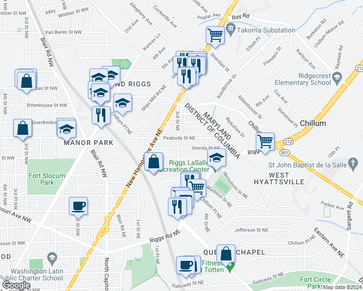 map of restaurants, bars, coffee shops, grocery stores, and more near 304 Oneida Street Northeast in Washington