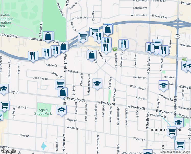 map of restaurants, bars, coffee shops, grocery stores, and more near 710 Mikel Street in Columbia