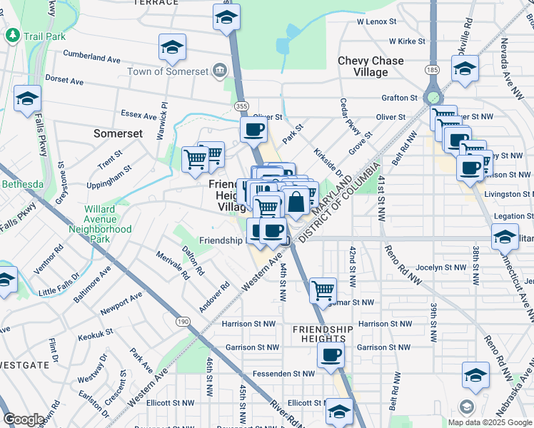 map of restaurants, bars, coffee shops, grocery stores, and more near 4445 Willard Avenue in Chevy Chase