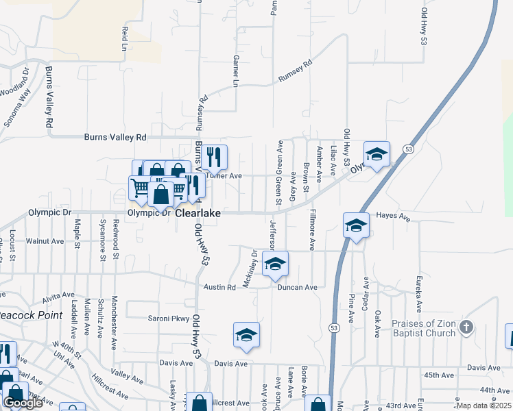 map of restaurants, bars, coffee shops, grocery stores, and more near 3476 Jackson Street in Clearlake