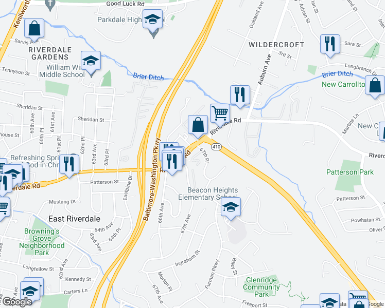 map of restaurants, bars, coffee shops, grocery stores, and more near 6739 Riverdale Road in East Riverdale