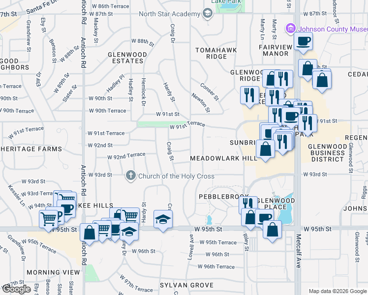 map of restaurants, bars, coffee shops, grocery stores, and more near 9208 Lowell Avenue in Overland Park