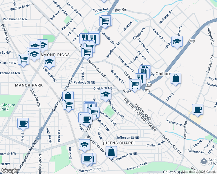 map of restaurants, bars, coffee shops, grocery stores, and more near 600 Oneida Street Northeast in Washington
