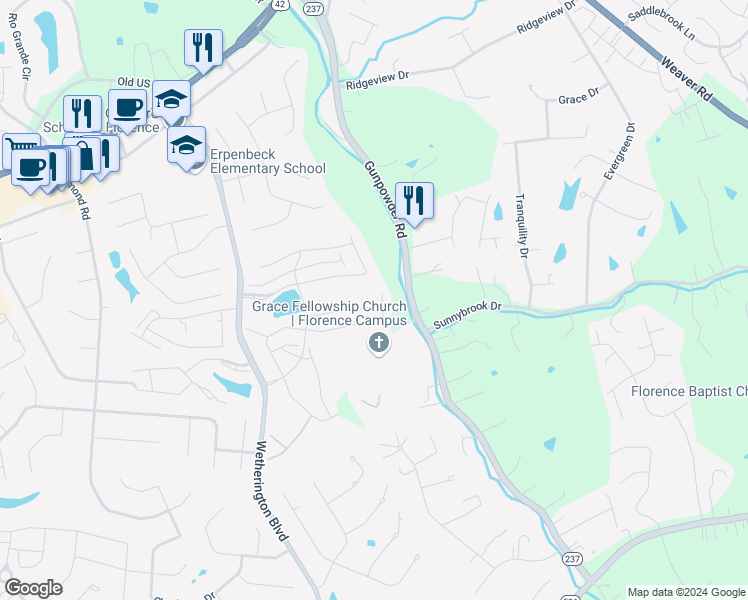 map of restaurants, bars, coffee shops, grocery stores, and more near 1632 Ashley Court in Florence