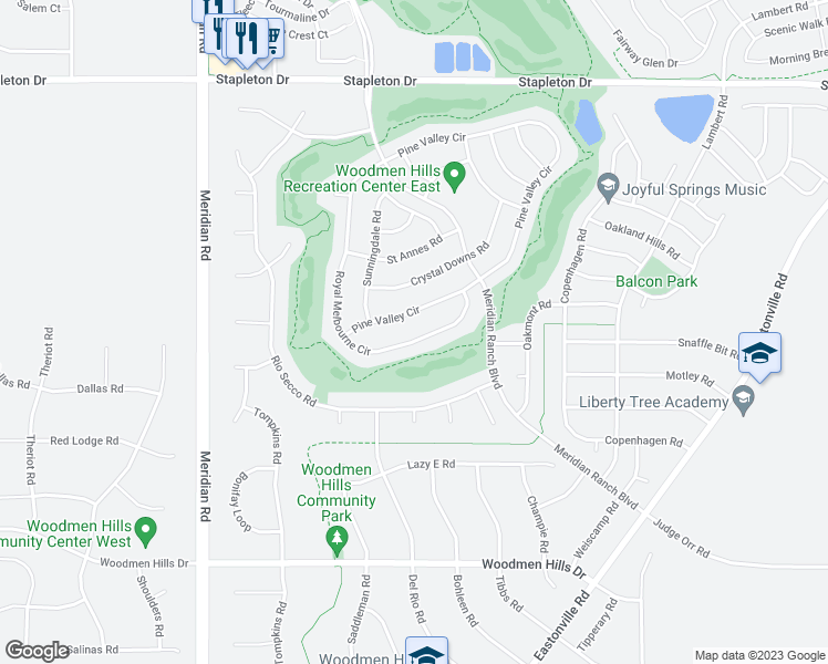 map of restaurants, bars, coffee shops, grocery stores, and more near 8809 Royal Melbourne Circle in Peyton