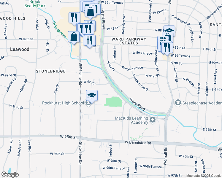 map of restaurants, bars, coffee shops, grocery stores, and more near 9200 Ward Pkwy in Kansas City
