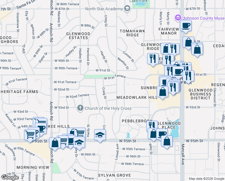 map of restaurants, bars, coffee shops, grocery stores, and more near 9208 Lowell Avenue in Overland Park