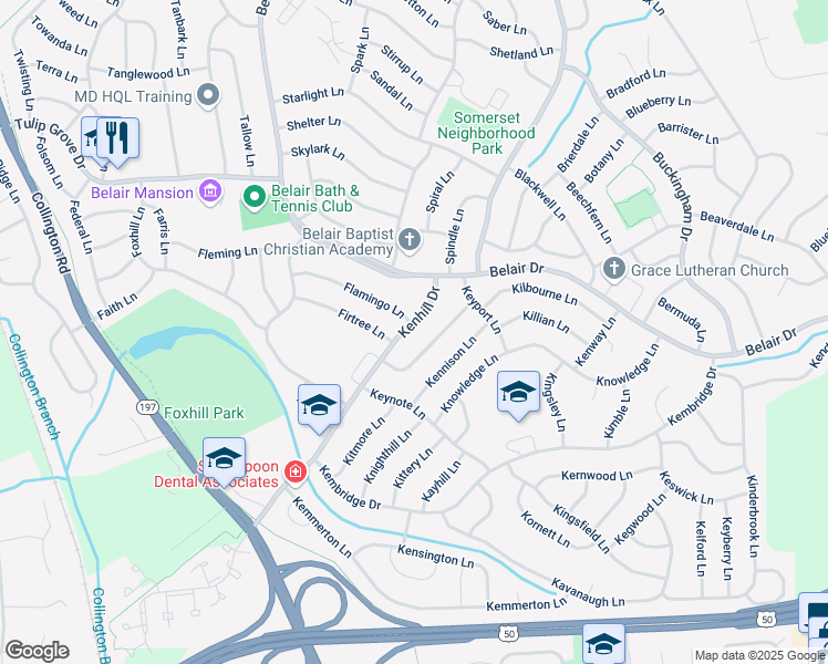 map of restaurants, bars, coffee shops, grocery stores, and more near 2711 Kenhill Drive in Bowie