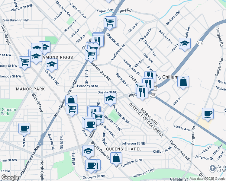 map of restaurants, bars, coffee shops, grocery stores, and more near 600 Oneida Street Northeast in Washington