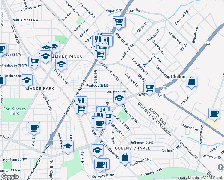 map of restaurants, bars, coffee shops, grocery stores, and more near 414 Oneida Street Northeast in Washington