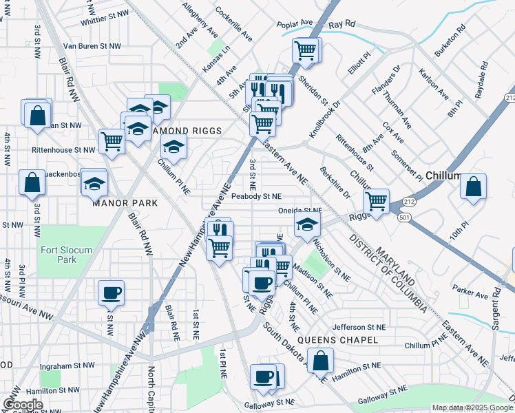map of restaurants, bars, coffee shops, grocery stores, and more near 304 Oneida Street Northeast in Washington