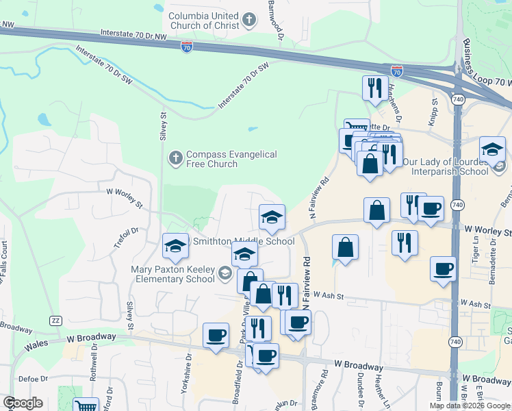 map of restaurants, bars, coffee shops, grocery stores, and more near Park De Ville Place in Columbia