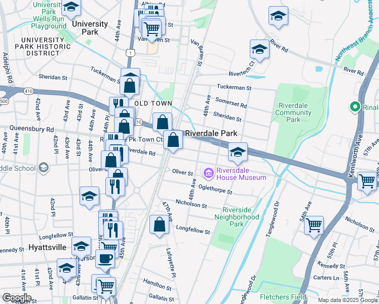 map of restaurants, bars, coffee shops, grocery stores, and more near 4713 Queensbury Road in Riverdale Park