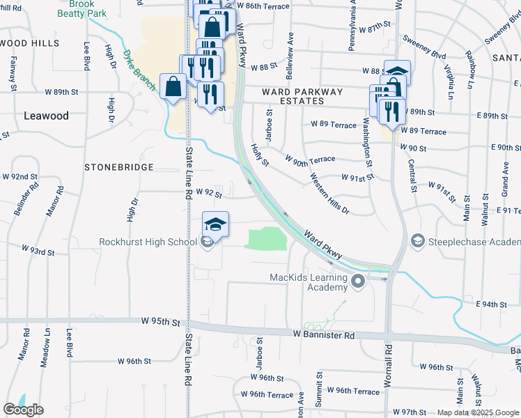 map of restaurants, bars, coffee shops, grocery stores, and more near 9200 Ward Parkway in Kansas City