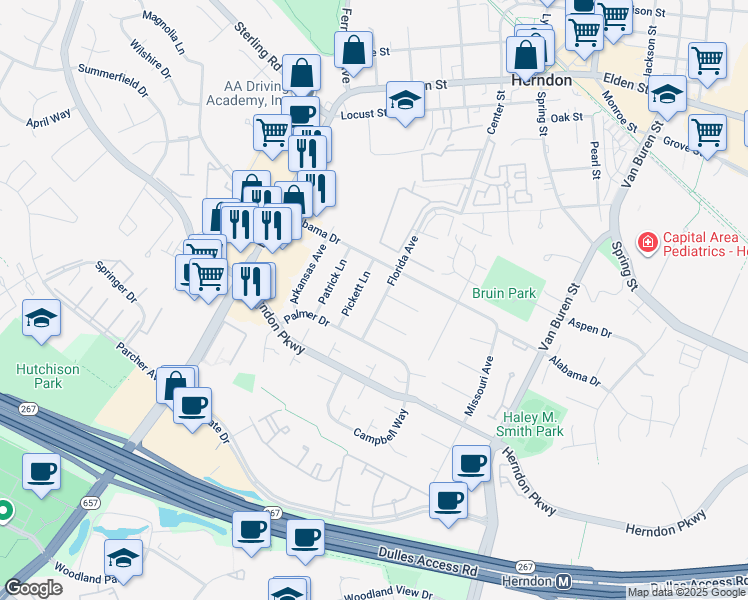 map of restaurants, bars, coffee shops, grocery stores, and more near 411 Florida Avenue in Herndon
