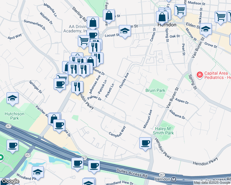 map of restaurants, bars, coffee shops, grocery stores, and more near 411 Florida Avenue in Herndon