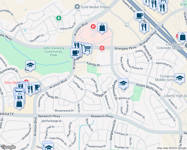 map of restaurants, bars, coffee shops, grocery stores, and more near 3825 Orchard Drive in Colorado Springs