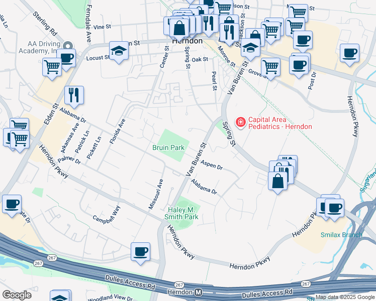 map of restaurants, bars, coffee shops, grocery stores, and more near 105 Heglar Oaks Court in Herndon