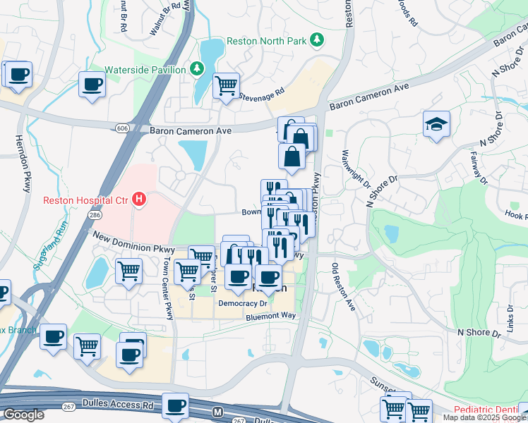 map of restaurants, bars, coffee shops, grocery stores, and more near 11931 Bowman Towne Drive in Reston