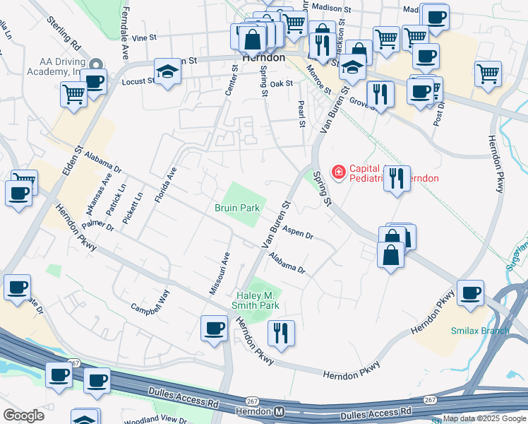 map of restaurants, bars, coffee shops, grocery stores, and more near 105 Heglar Oaks Court in Herndon