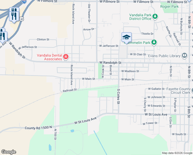 map of restaurants, bars, coffee shops, grocery stores, and more near 1719 West Main Street in Vandalia