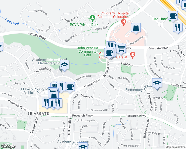 map of restaurants, bars, coffee shops, grocery stores, and more near 3614 Shady Rock Drive in Colorado Springs