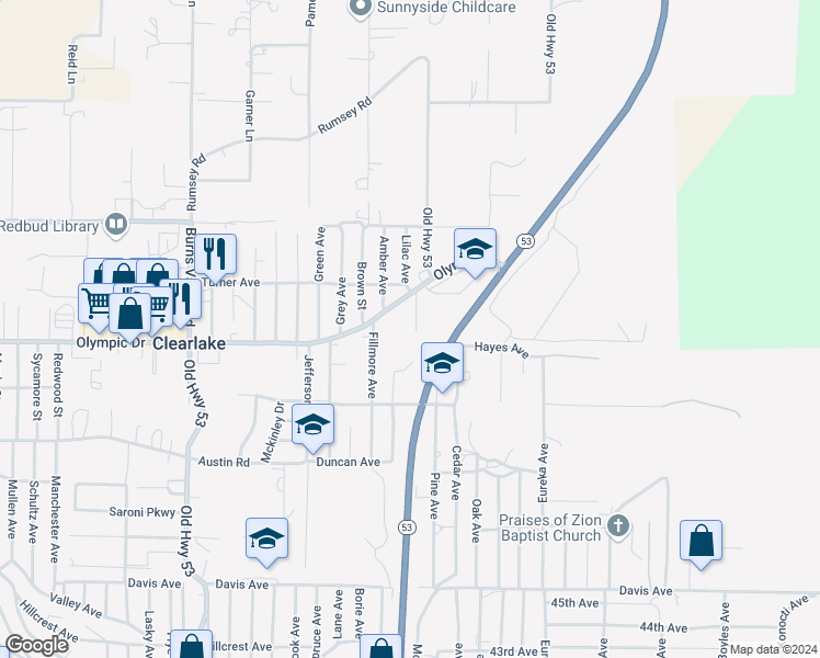 map of restaurants, bars, coffee shops, grocery stores, and more near 3475 Garfield Avenue in Clearlake