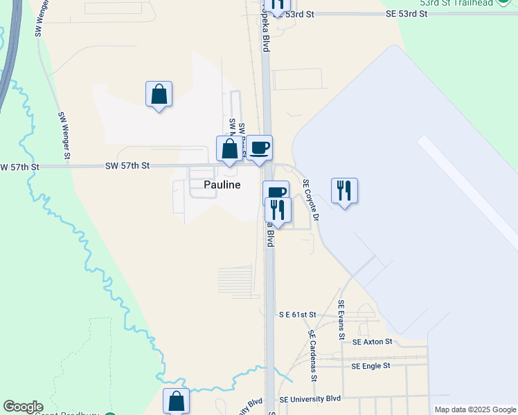 map of restaurants, bars, coffee shops, grocery stores, and more near Southwest Pauline Road in Topeka