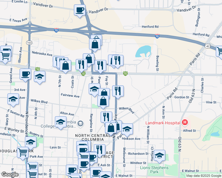 map of restaurants, bars, coffee shops, grocery stores, and more near 1209 Smith Street in Columbia