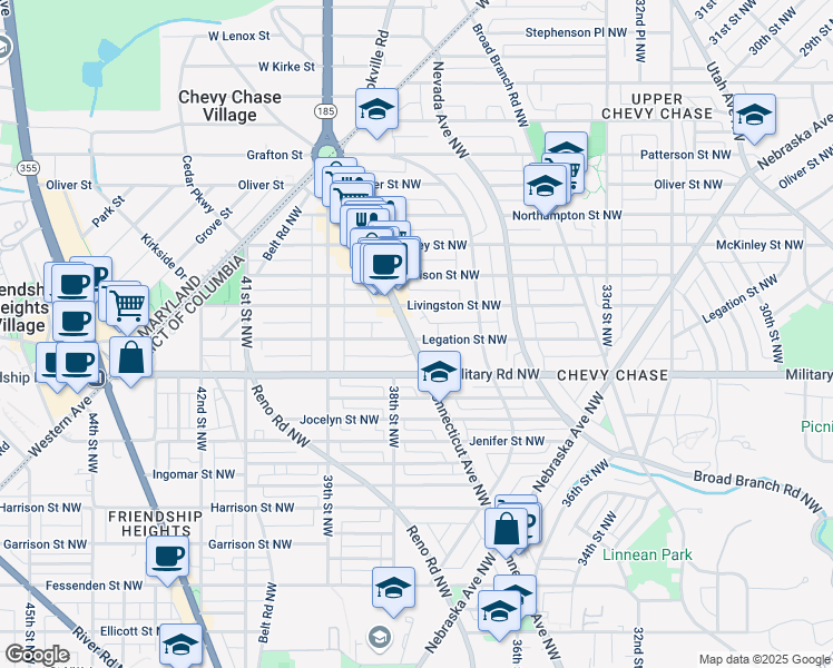 map of restaurants, bars, coffee shops, grocery stores, and more near 5425 Connecticut Avenue Northwest in Washington