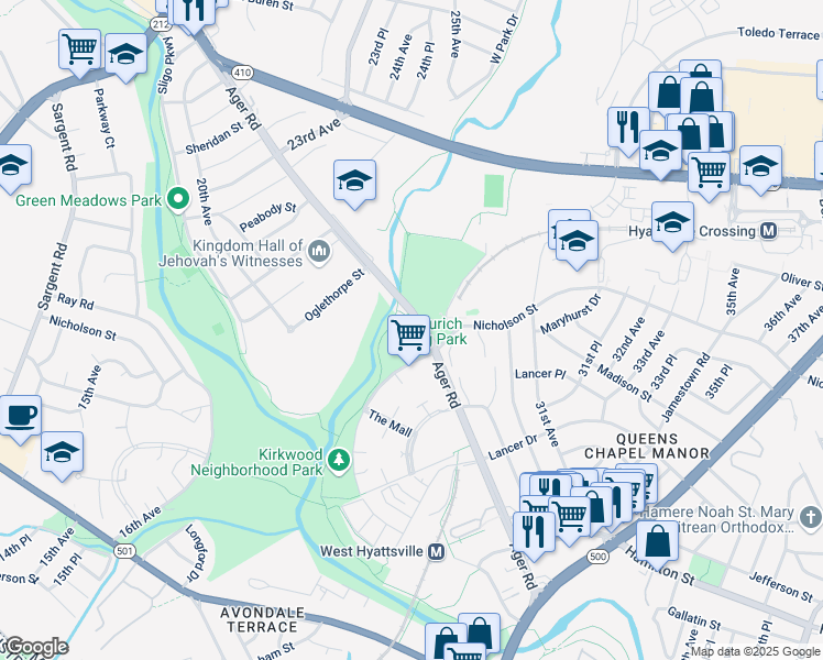 map of restaurants, bars, coffee shops, grocery stores, and more near 5950 Ager Road in Hyattsville
