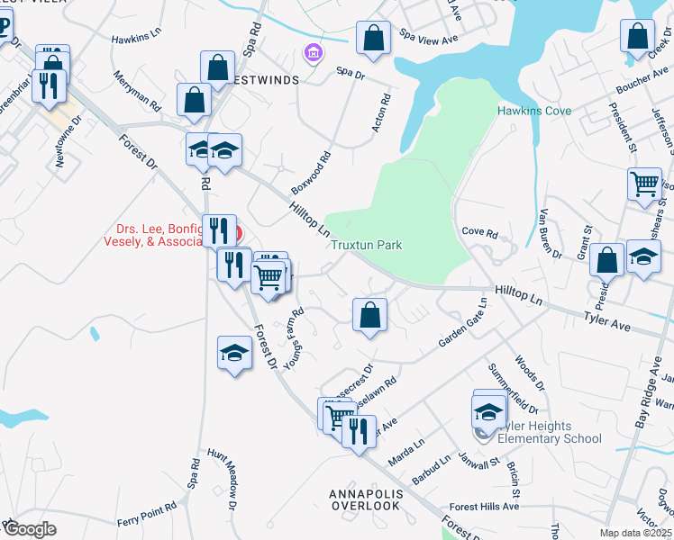 map of restaurants, bars, coffee shops, grocery stores, and more near 1227 Gemini Drive in Annapolis