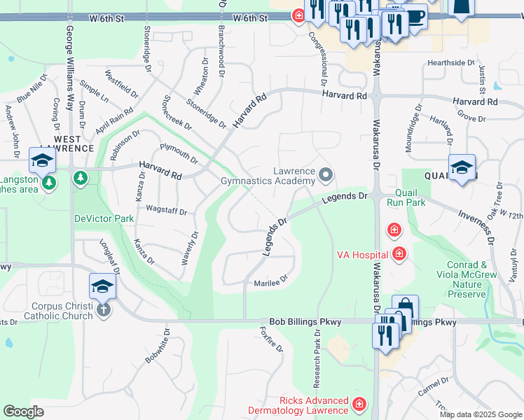 map of restaurants, bars, coffee shops, grocery stores, and more near 1308 Morgan Court in Lawrence