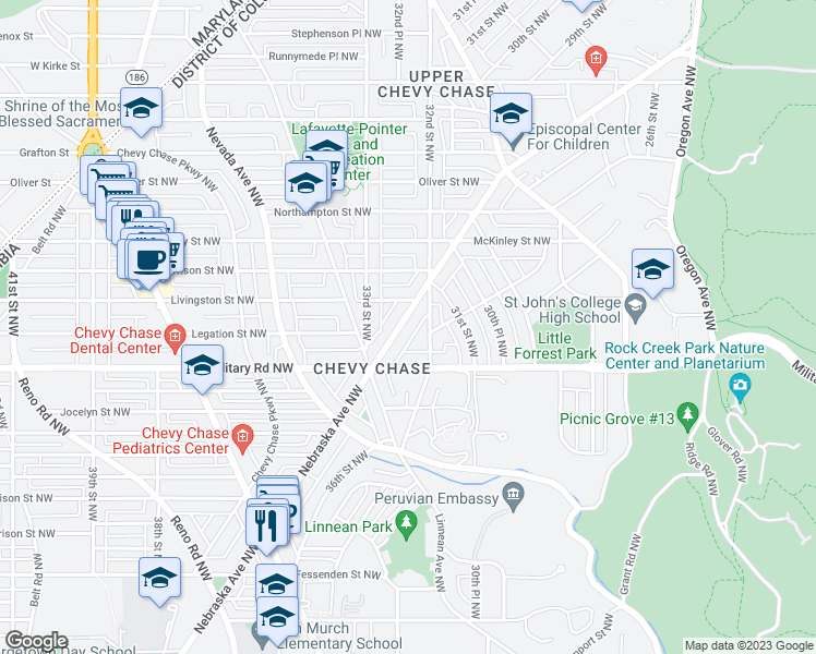 map of restaurants, bars, coffee shops, grocery stores, and more near 5449 Nebraska Avenue Northwest in Washington