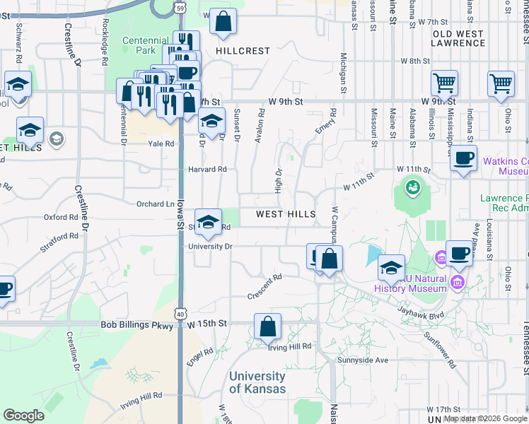 map of restaurants, bars, coffee shops, grocery stores, and more near 1625 Oxford Road in Lawrence