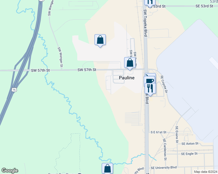 map of restaurants, bars, coffee shops, grocery stores, and more near 801 Southwest 57th Street in Topeka