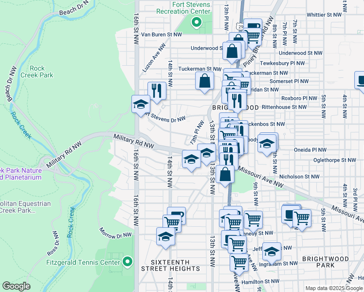 map of restaurants, bars, coffee shops, grocery stores, and more near 1375 Missouri Avenue Northwest in Washington