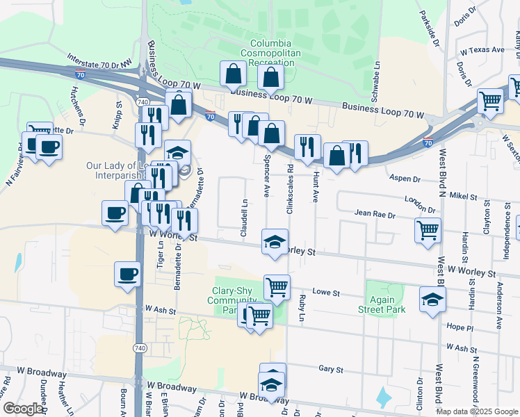 map of restaurants, bars, coffee shops, grocery stores, and more near 615 Spencer Avenue in Columbia