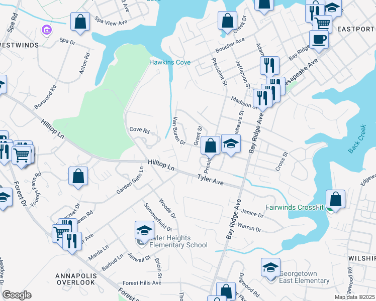 map of restaurants, bars, coffee shops, grocery stores, and more near 1302 Colony Drive in Annapolis