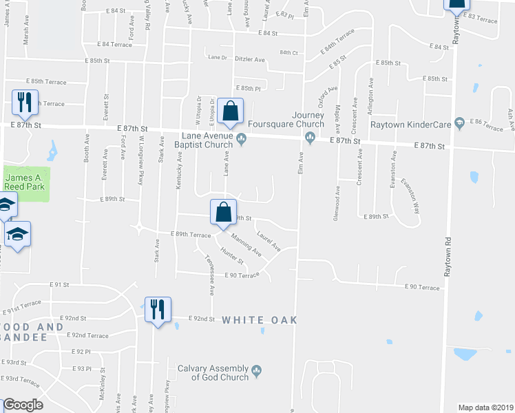 map of restaurants, bars, coffee shops, grocery stores, and more near 9029 East 88th Terrace in Kansas City