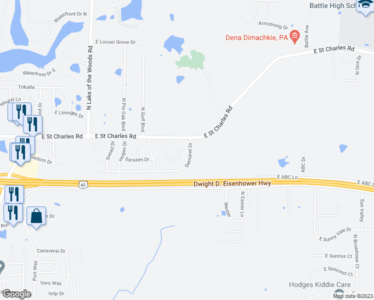 map of restaurants, bars, coffee shops, grocery stores, and more near 705 Demaret Drive in Columbia