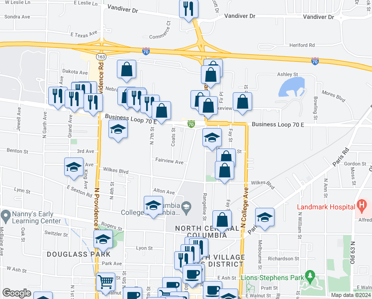 map of restaurants, bars, coffee shops, grocery stores, and more near 1101 North 8th Street in Columbia