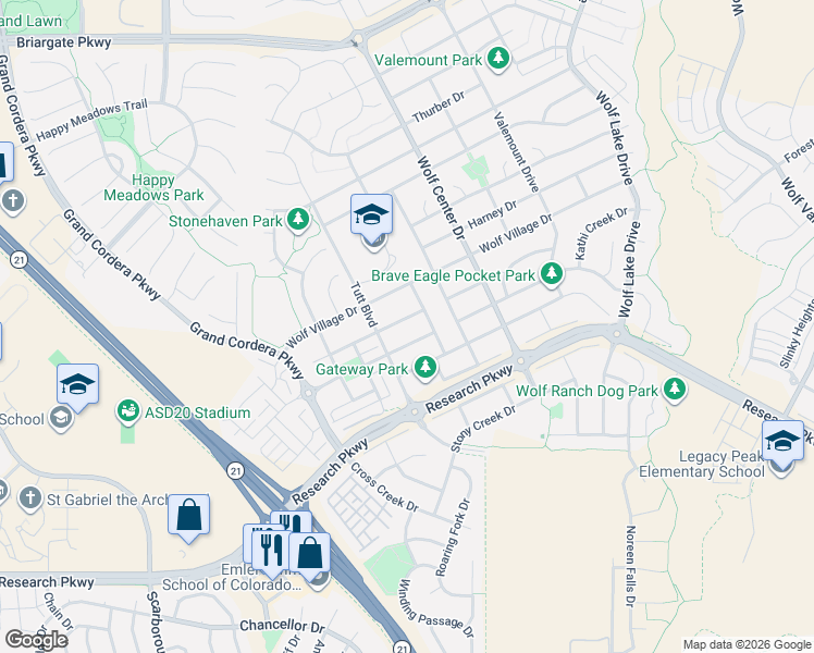 map of restaurants, bars, coffee shops, grocery stores, and more near 5763 Cisco Drive in Colorado Springs