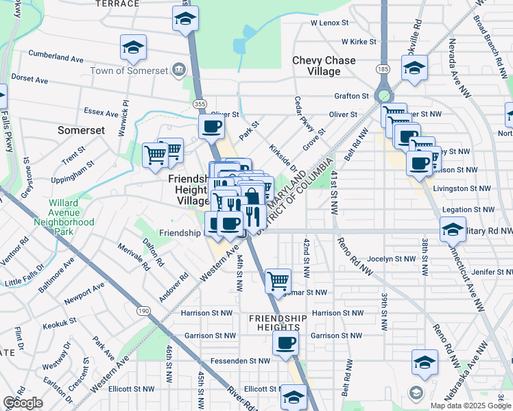 map of restaurants, bars, coffee shops, grocery stores, and more near 5425 Wisconsin Avenue in Chevy Chase