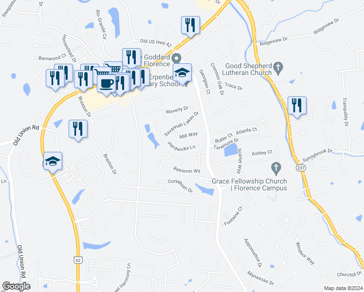 map of restaurants, bars, coffee shops, grocery stores, and more near 9302 Hardwicke Lane in Florence