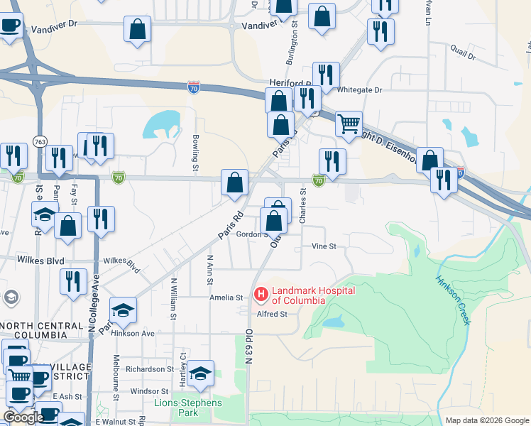 map of restaurants, bars, coffee shops, grocery stores, and more near 1805 Monroe Street in Columbia